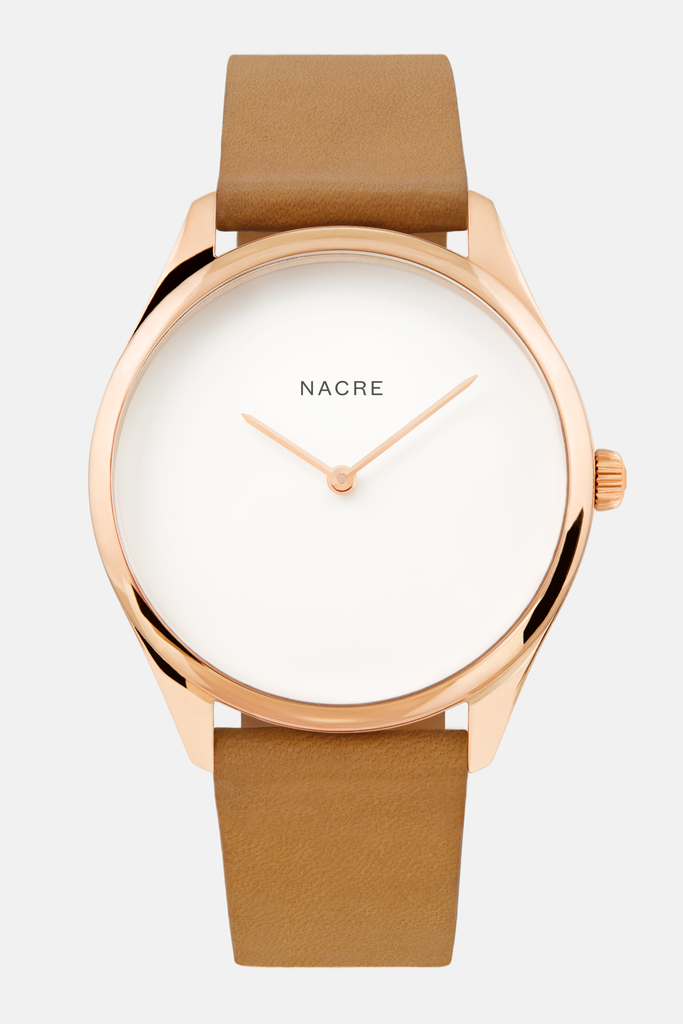 Nacre Women’s Tan Leather Watch NWT Minimalist Pearl Dial Italian Strap Cinque Terre (Cherrywood/Nacre) | Holzkern Wood Watches main image 3